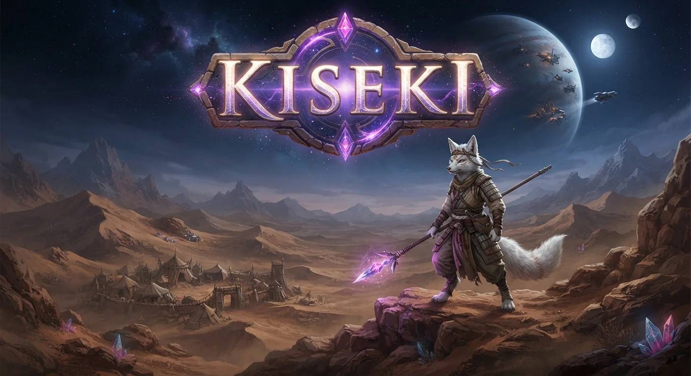 A white fox warrior with a crystal-tipped spear looks over a desert camp under a night sky full of ships.