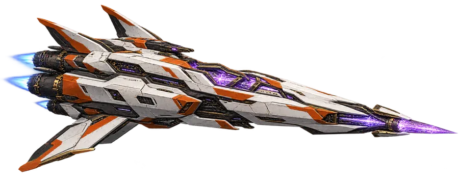 Dawnlance, a long white and orange Jinko warship with a violet crystal lance
